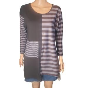 Artsy Lagenlook Colorblock Tunic Dress Stripe Pocket Relaxed Gray Black L NEW